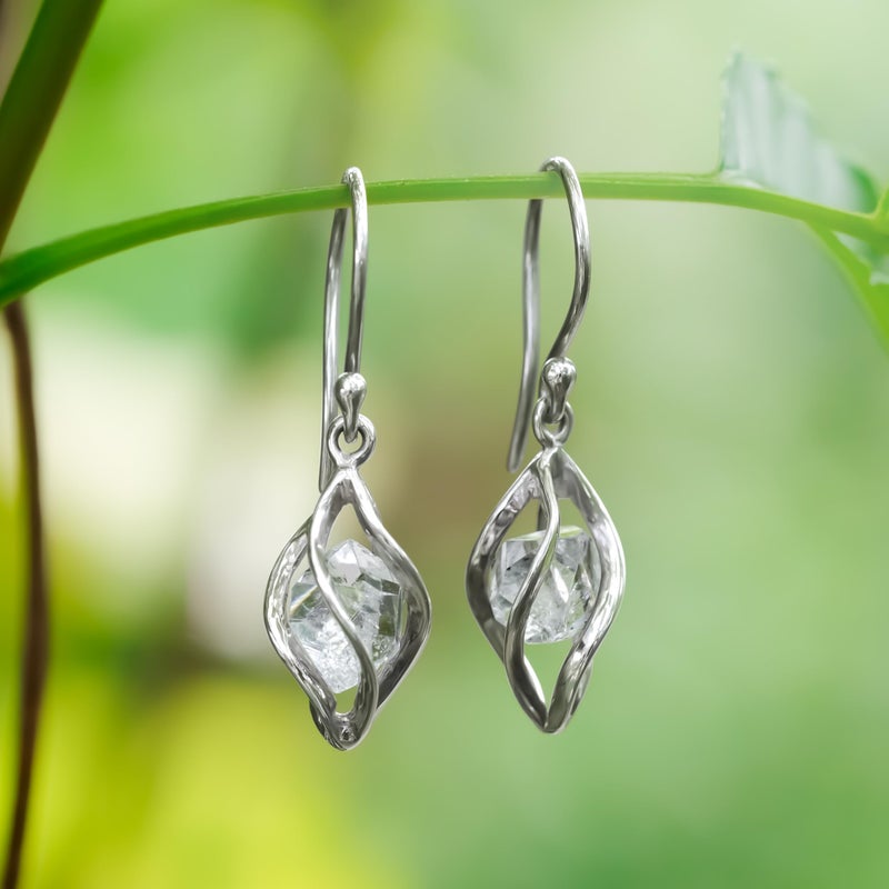 Starborn Sterling Silver cage set natural Herkimer Diamond Quartz Earrings - Image 5